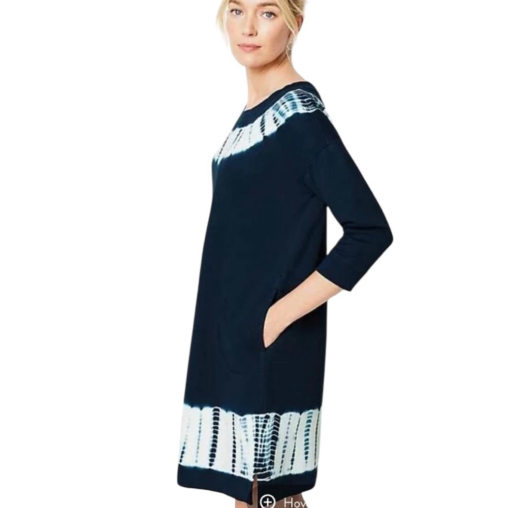 J. Jill Evrydayblum Tie-Dyed Dark Blue and White Organic Cotton Sweater Dress L